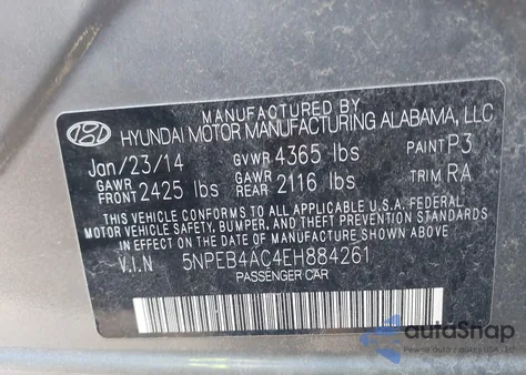 2014 Hyundai Sonata Gls z USA, uszkodzony, nr VIN 5NPEB4AC4EH884261